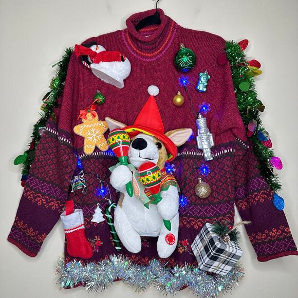 Ugly Christmas Sweater Singing Chihuahua LIGHTS UP Tinsel Party Winner Sz Medium - Picture 1 of 5